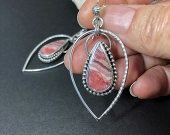 Rhodochrosite Dangles, Pink Sterling Silver Earrings, Hand Fabricated Bezel Set Statement Earrings, Unique Hand Wrought Ear Wires