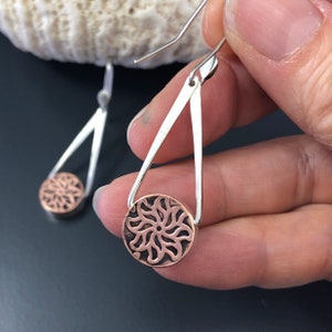 Metalsmith Copper Earrings, Hand Fabricated Mixed Metal Flower Earrings, Forged Sterling Silver Leaf Ear Wires, Copper Gift for Her image 5