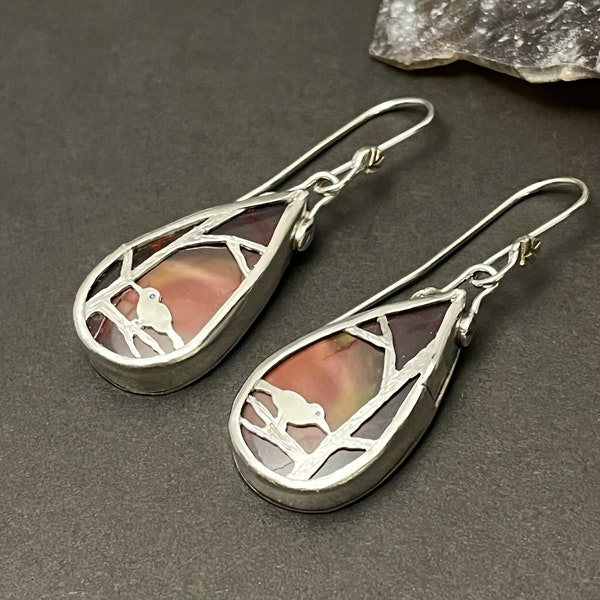 Mookaite Jasper Bird Earrings Handcrafted in Sterling Silver, Hand Fabricated Art Jewelry, Unique Metalsmith Earrings