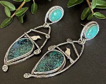 Turquoise Bird Earrings in Sterling Silver with Kingman Turquoise and Azurite Stones, OOAK Silversmith Earrings, Gift for Bird Lover