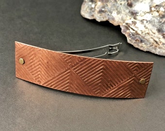 Solid Copper Barrette Medium Size for Half Up Hairstyles, Metalsmith Made with Brass Rivets, Genuine Made in France Clip, Geometric Pattern