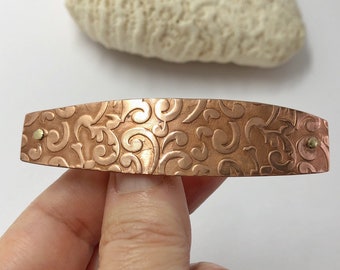 Medium Copper Barrette, Scroll Design, 70mm French Clip for Half Up Hair Styles, Metalsmith Made with Brass Rivets