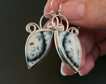 Dendritic Agate Earrings, Black and White Statement Earrings, Hand Fabricated Sterling Silver & Gemstone Dangles, Unique Gift for Her