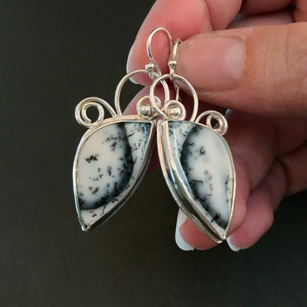 Dendritic Agate Earrings, Black and White Statement Earrings, Hand Fabricated Sterling Silver & Gemstone Dangles, Unique Gift for Her