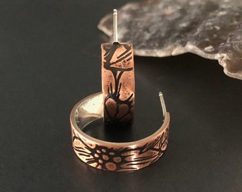 Floral Copper Hoops with Sterling Silver Lining, Handcrafted Copper Post Hoops, Unique Classic Style, Daily Wear Earrings
