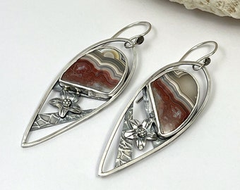 Crazy Lace Agate Earrings, Hand Fabricated Sterling Silver Earrings with Flowers, OOAK Botanical Earrings