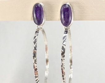 Amethyst Earrings Silversmith Handcrafted Lightweight Sterling Silver Hoops, Purple Stone Earrings with an Organic Botanical Pattern