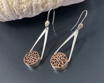 Metalsmith Copper Earrings, Hand Fabricated Mixed Metal Flower Earrings, Forged Sterling Silver Leaf Ear Wires, Copper Gift for Her