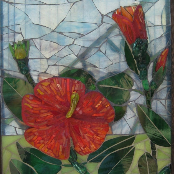 Double Sided Glass Mixed Media Glass Mosaic Window Hanging Fire and Rain Hibiscus Flower