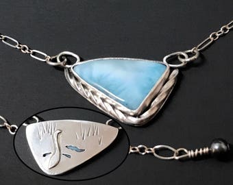 Larimar Necklace Reversible to Seabird Necklace in Sterling Silver Artisan Silversmith Bird Pendant Blue Necklace Adjustable Larimar Pendant