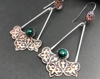 Mixed Metals Earrings, Copper Sterling Silver & Malachite Earrings, Large Boho Emerald Green Gemstone Earrings, Metalsmith Earrings