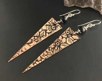 Copper Shoulder Duster Earrings, Floral Copper Dangles with Onyx Stones, Very Long Triangles Earrings with Sterling Silver Ear Wires