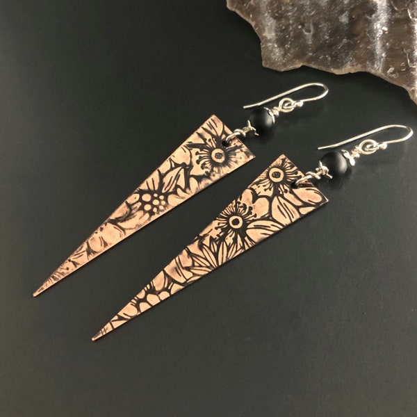 Copper Shoulder Duster Earrings, Floral Copper Dangles with Onyx Stones, Very Long Triangles Earrings with Sterling Silver Ear Wires