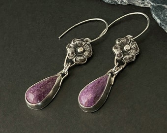 Stichtite Earrings with Handcrafted Dogwood Flower in Sterling Silver, Purple Gemstone Earrings, Metalsmith Jewelry Gift for Her