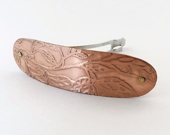 Large Hair Clip, Solid Copper Barrette, Handcrafted with Brass Rivets, Botanical Leaf Pattern, Metalsmith Made Gift for Her