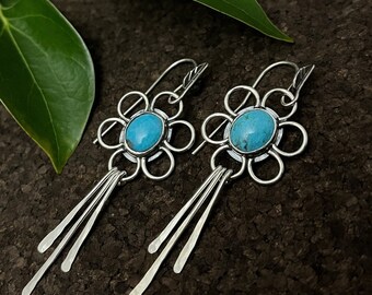 Turquoise Fringe Earrings in Sterling Silver, Metalsmith Flower Earrings with Bezel Set Kingman Turquoise Stones