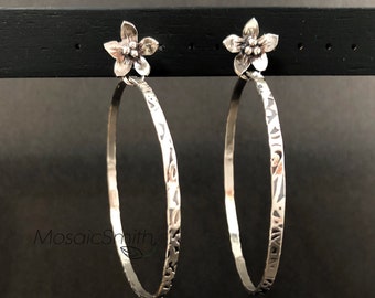 Large Sterling Silver Flower Hoops, Hand Fabricated Organic Look Earrings