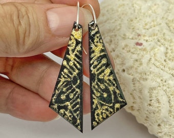 Handcrafted Kiln Enamelled Earrings, Black and Gold Floral Design with Sterling Silver Ear Wires, Rustic Chic Earrings, Gift for Her