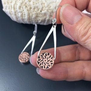 Metalsmith Copper Earrings, Hand Fabricated Mixed Metal Flower Earrings, Forged Sterling Silver Leaf Ear Wires, Copper Gift for Her image 4
