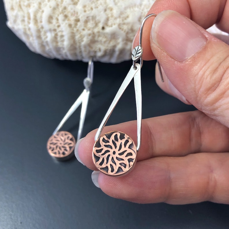 Metalsmith Copper Earrings, Hand Fabricated Mixed Metal Flower Earrings, Forged Sterling Silver Leaf Ear Wires, Copper Gift for Her image 4