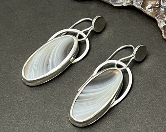 Botswana Agate Earrings, Metalsmith Made Custom Bezels with Open Backs and Contemporary Design