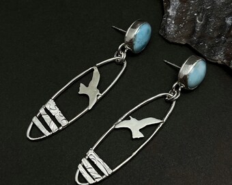 Long Larimar Earrings, Hand Fabricated Sterling Silver Bird Art Jewelry, OOAK Silversmith Earrings