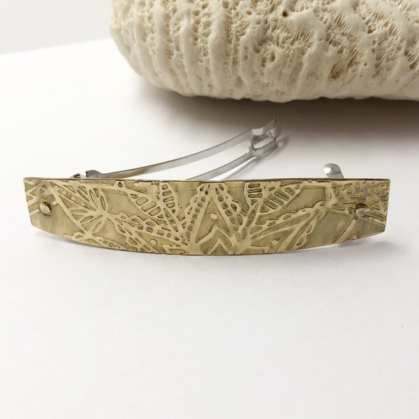 Medium Solid Brass Barrette, Botanical Design, Riveted 70mm French Hair Clip, Great Size for Half-up Hairstyles