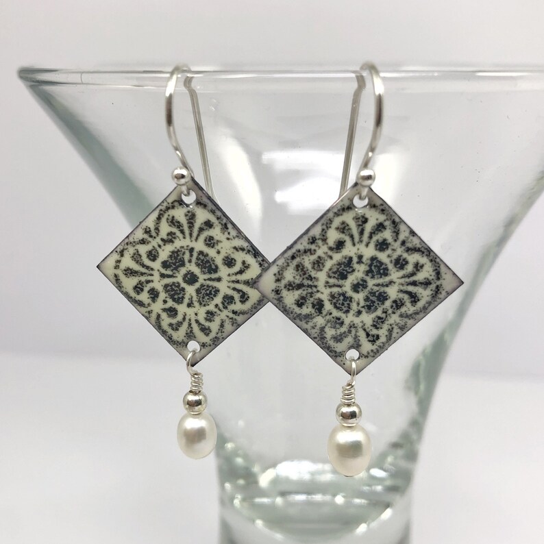 Glass Enamel Earrings with Freshwater Pearl, Baroque Mandala Earrings, Cream and Black Dangle Earrings, Casual yet Elegant Gift for Her image 3