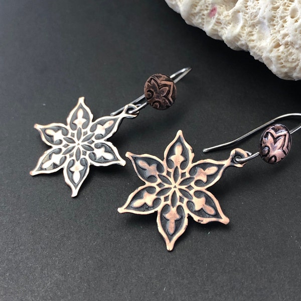 Copper Flower Earrings with Handcrafted Copper and Sterling Silver Ear Wires, Floral Star Earrings, Unique Metalsmith Earrings