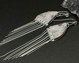 Crazy Lace Agate Earrings with Sterling Fringe, Jellyfish Earrings, Silversmith Art Jewelry, Unique Gift for Her