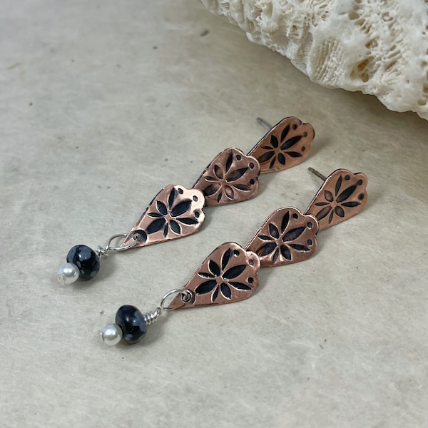 Long Copper Earrings with Lots of Movement, Mixed Metal Kinetic Earrings, Handcrafted Metalsmith Earrings, Sterling Silver Posts