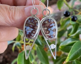 Palm Root Agate Earrings in Sterling Silver, Silversmith Earrings, Unique Long Silver Earrings for Her