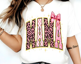 Mama Coquette Bow PNG Sublimation, Digital Download Pink Leopard Checkered, Trendy Mother's Day Graphic