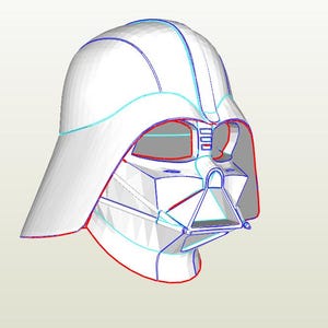Könnte beinhalten: Ein weißes 3D-Modell eines Darth-Vader-Helms mit blauen und roten Linien, die die Form umreißen. Der Helm ist nach rechts geneigt und die Vorderseite des Helms ist sichtbar.
