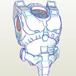 Puede incluir: Un modelo blanco detallado de una pieza de pecho futurista impresa en 3D con líneas azules y rojas. El modelo está diseñado para ser ensamblado y es una gran adición a cualquier colección de ciencia ficción.