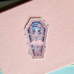 Candy Zombie Girl Coffin Sticker — Cute Pastel Goth Lollipop Art — Kawaii Spooky Sticker by StickingAround