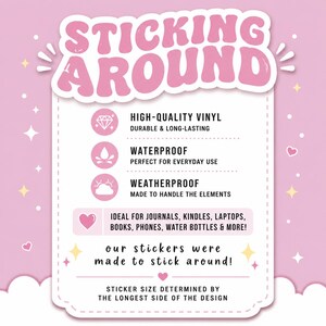 May include: A light pink informational graphic with the text STICKING AROUND at the top. It lists features including high-quality vinyl, waterproof, and weatherproof. It notes use for journals, Kindles, laptops, books, phones, and water bottles.
