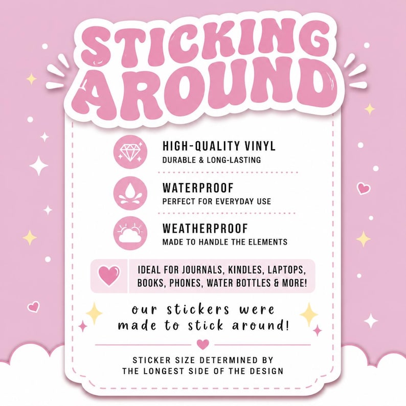 May include: A light pink informational graphic with the text STICKING AROUND at the top. It lists features including high-quality vinyl, waterproof, and weatherproof. It notes use for journals, Kindles, laptops, books, phones, and water bottles.