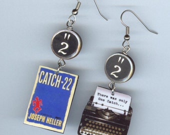 Book Cover Earrings - Catch-22 quote typewriter - banned book week - Mismatched earring design - Designs by Annette