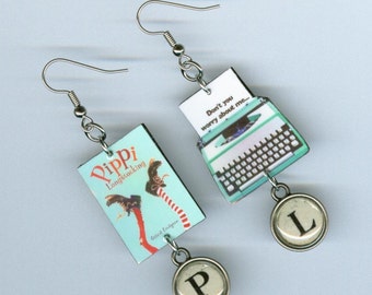 Book Cover Earrings - Pippi Longstocking quote - typewriter key - literary readers book club gift - mismatched earring designs by Annette