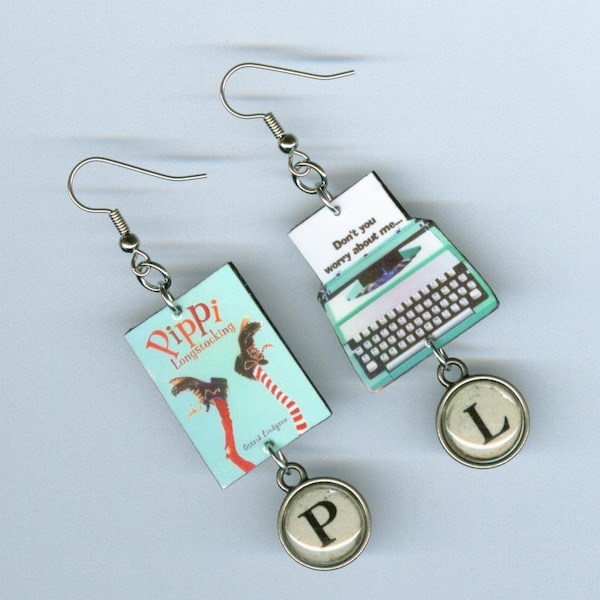 Book Cover Earrings - Pippi Longstocking quote - typewriter key - literary readers book club gift - mismatched earring designs by Annette