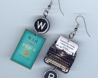 Book Cover earrings jewelry - War and Peace Tolstoy quote - Literary librarian student readers gift - mismatched earring designs by Annette