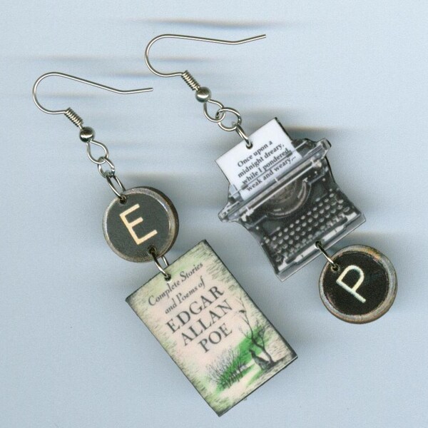 Book cover earrings - Poe Raven quote - typewriter key jewelry - reader's literary gift - book club