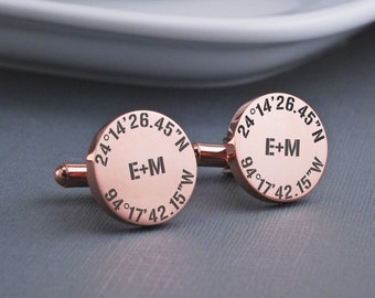 Boutons de manchette Latitude Longitude en or rose, boutons de manchette aux coordonnées personnalisées, cadeau de mariage pour mari, cadeau de mariage pour le marié