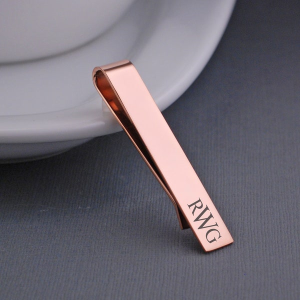 Rose Gold Monogram Tie Clip, Gift for Groomsman, Custom Rose Gold Tie Bar, Rose Gold Wedding Gift for Him, Personalized Gift for Him