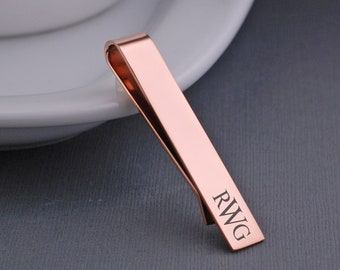 Rose Gold Monogram Tie Clip, Gift for Groomsman, Custom Rose Gold Tie Bar, Rose Gold Wedding Gift for Him, Personalized Gift for Him