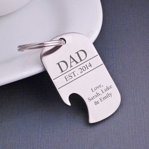 Best Gift for Father&#39;s Day, Key Ring for Dad, Personalized Dog Tag Keychain Bottle Opener, Best Gifts for Him Dad est. Custom Year from Kids