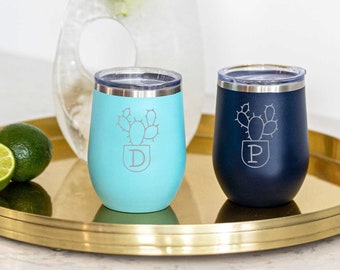 Insulated Wine Tumbler With Succulent and Initial 12oz Wine Tumbler, Custom Engraved Tumbler, Personalized Engraved Gift, Bachelorette Party