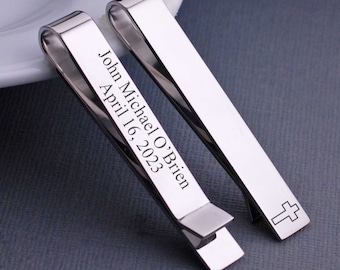 Gift for Confirmation, First Communion Gift, Open Cross Tie Clip, Religious Gift, Gift for Him, Faith Tie Bar, Engraved Gift for Godfather