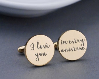 Boutons de manchette d'anniversaire, boutons de manchette Je t'aime dans tous les univers, cadeau pour lui, boutons de manchette personnalisés pour anniversaire, cadeau gravé